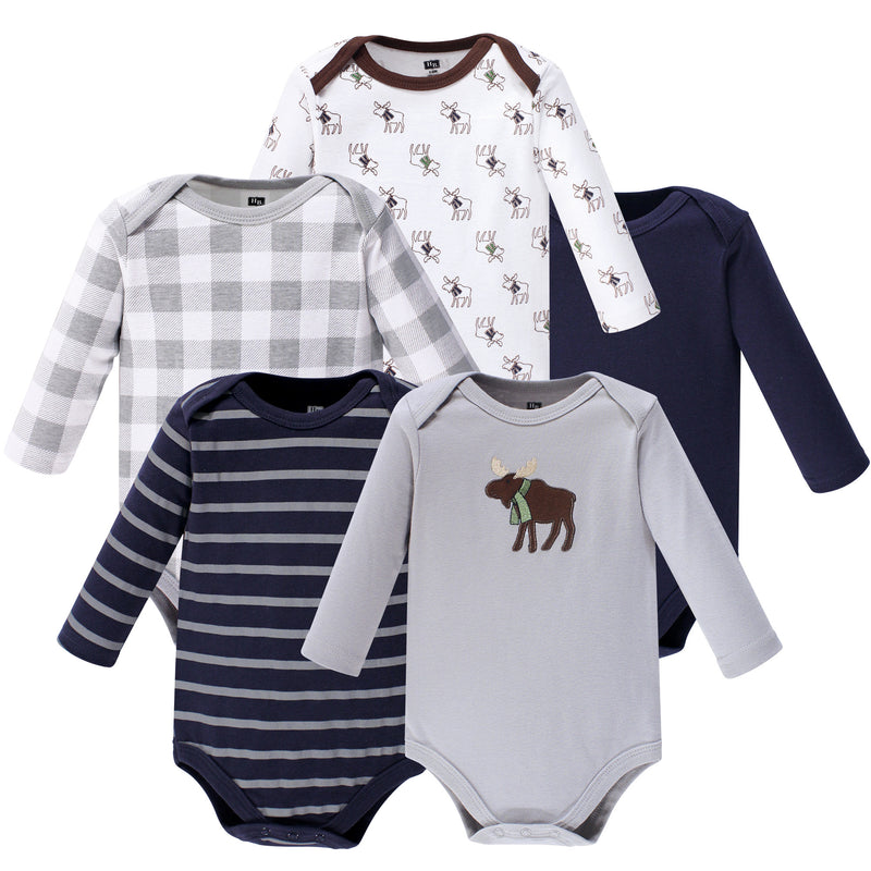 Hudson Baby Cotton Long-Sleeve Bodysuits, Gray Moose
