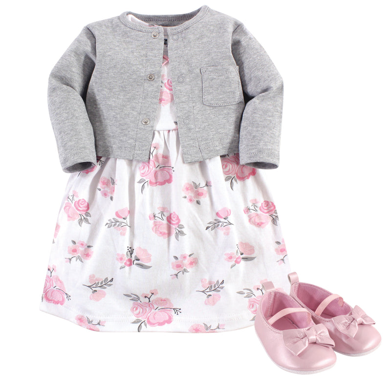 Hudson Baby Cotton Dress, Cardigan and Shoe Set, Pink Gray Floral