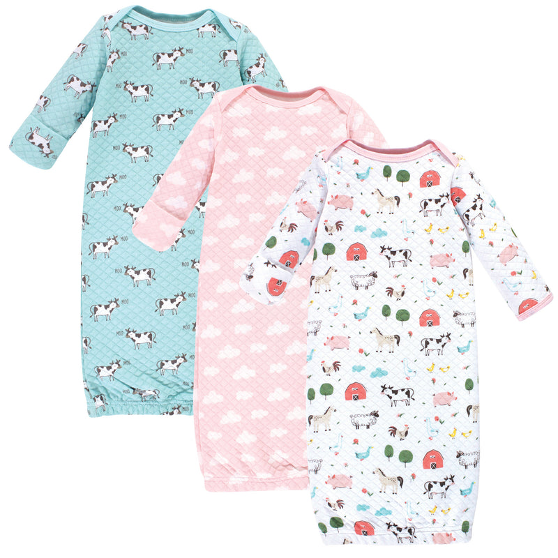 Hudson Baby Quilted Cotton Gowns 3pk, Girl Farm Animals