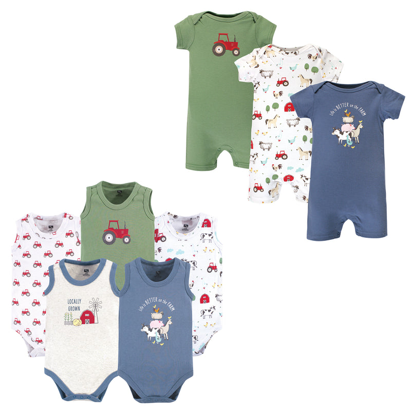Hudson Baby Cotton Bodysuits and Rompers, 8-Piece, Boy Farm Animals