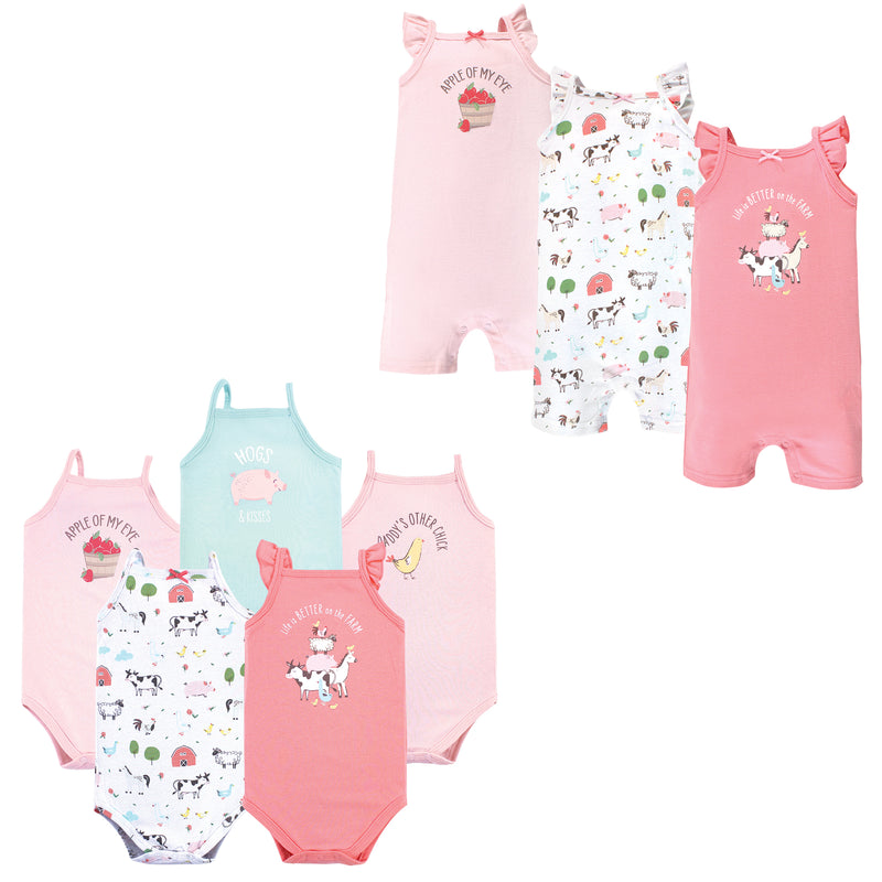 Hudson Baby Cotton Bodysuits and Rompers, 8-Piece, Girl Farm Animals