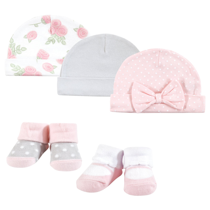Hudson Baby Cap and Socks Set, Pink Rose