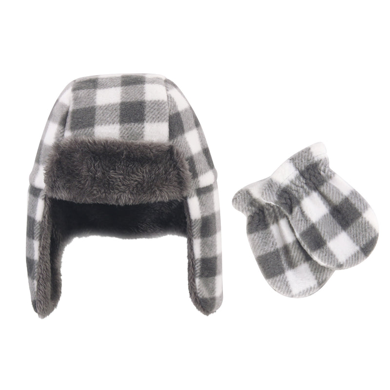 Hudson Baby Fleece Trapper Hat and Mitten Set, Charcoal White Plaid Baby