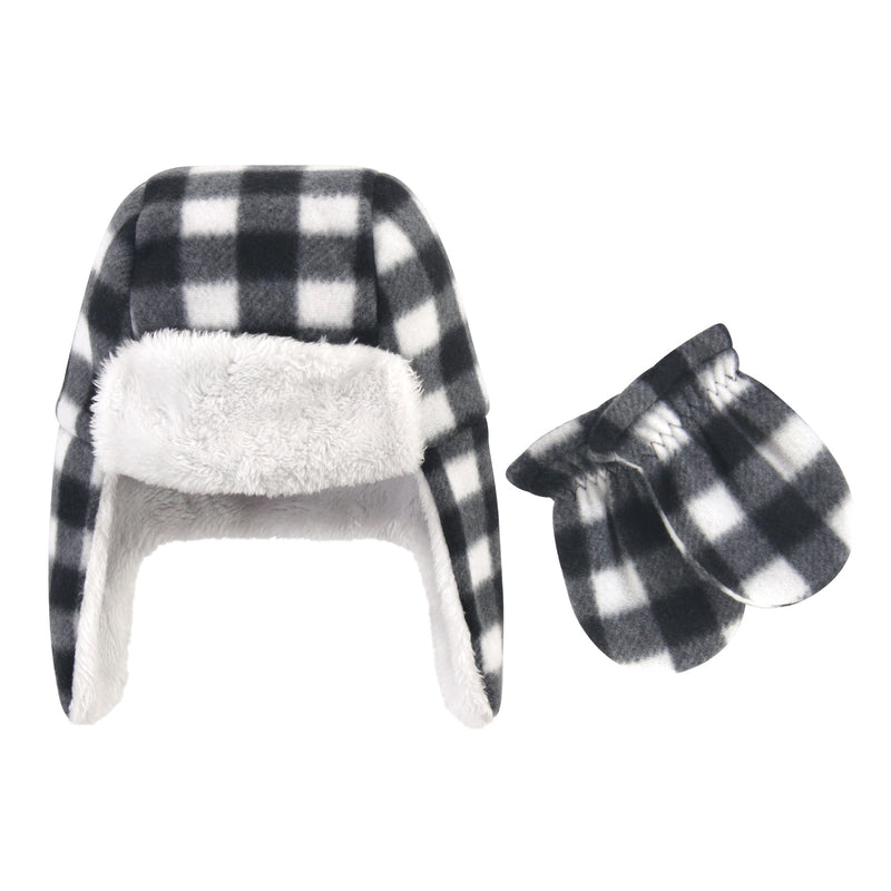 Hudson Baby Fleece Trapper Hat and Mitten Set, Black White Plaid Toddler