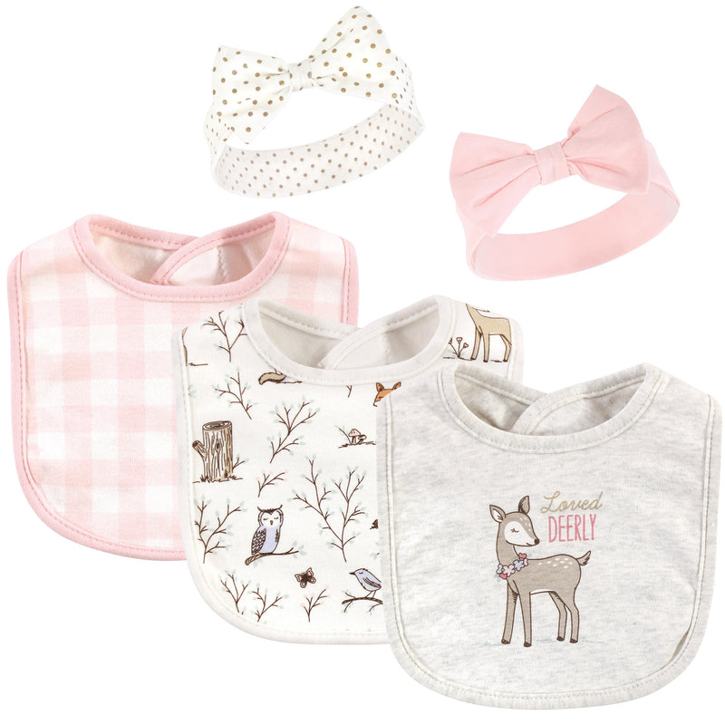 Hudson Baby Cotton Bib and Headband or Caps Set, Enchanted Forest