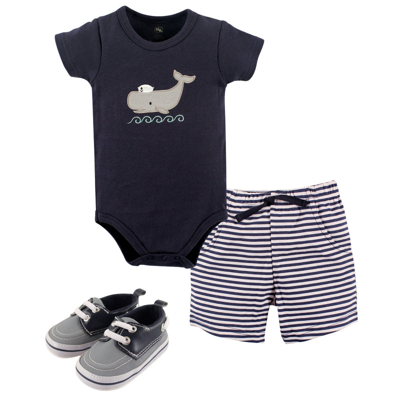 Hudson Baby Cotton Bodysuit, Shorts and Shoe Set, Sailor Whale