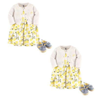 Hudson Baby Cotton Dress, Cardigan and Shoe Set, Lemon 6-Piece