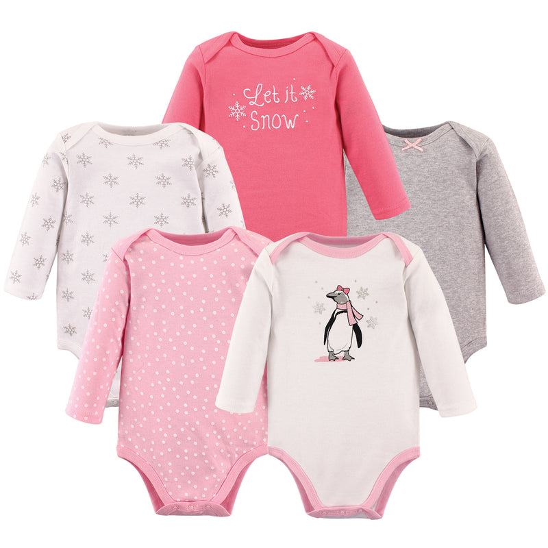 Hudson Baby Cotton Long-Sleeve Bodysuits, Pink Penguin