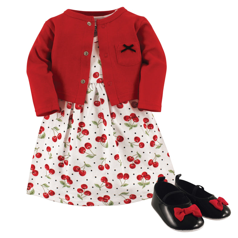 Hudson Baby Cotton Dress, Cardigan and Shoe Set, Cherries