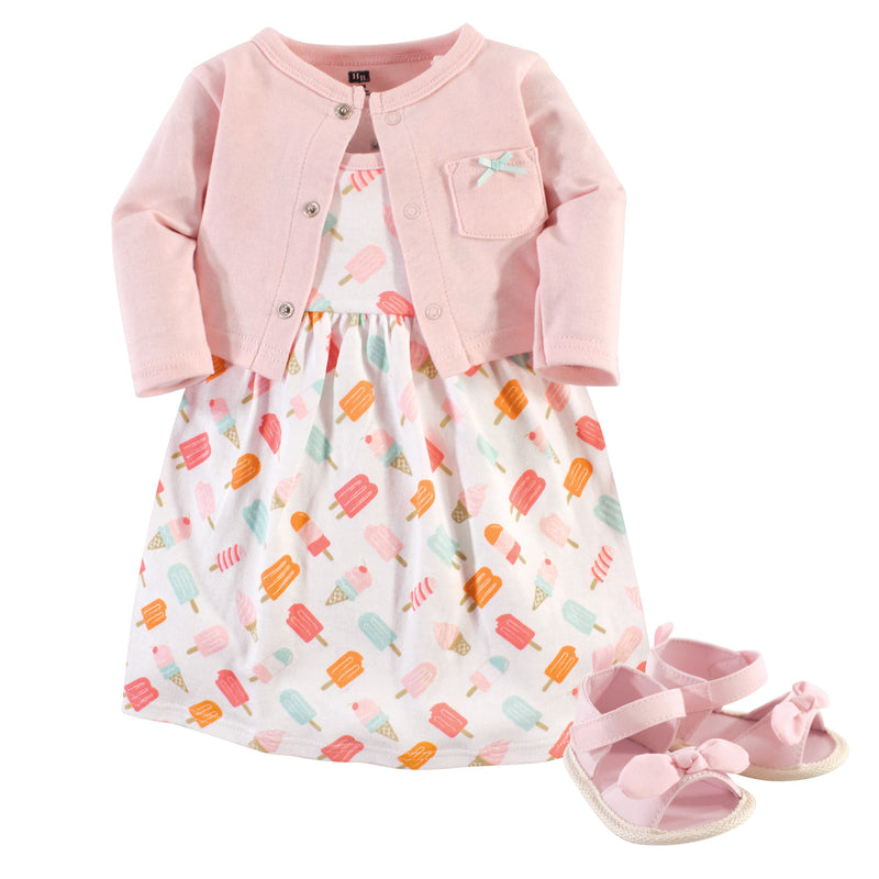 Hudson Baby Cotton Dress, Cardigan and Shoe Set, Ice Cream