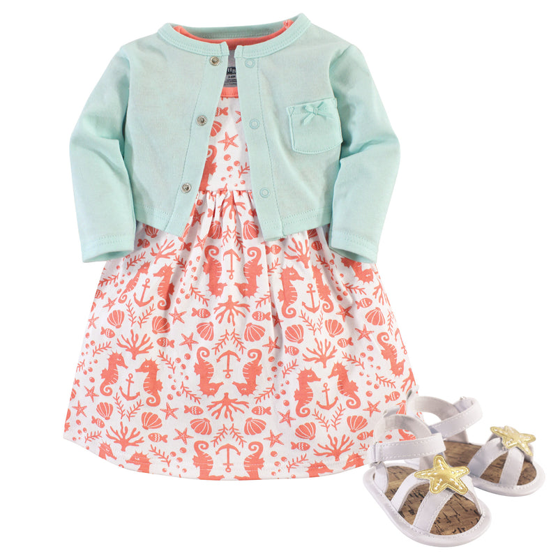 Hudson Baby Cotton Dress, Cardigan and Shoe Set, Sea