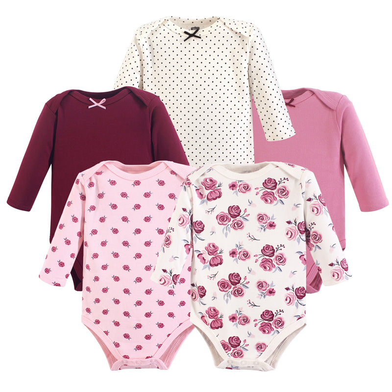 Hudson Baby Cotton Long-Sleeve Bodysuits, Rose 5-Pack