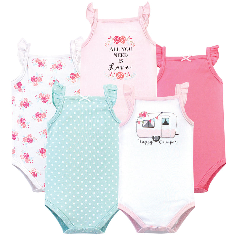Hudson Baby Cotton Sleeveless Bodysuits, Pink Happy Camper
