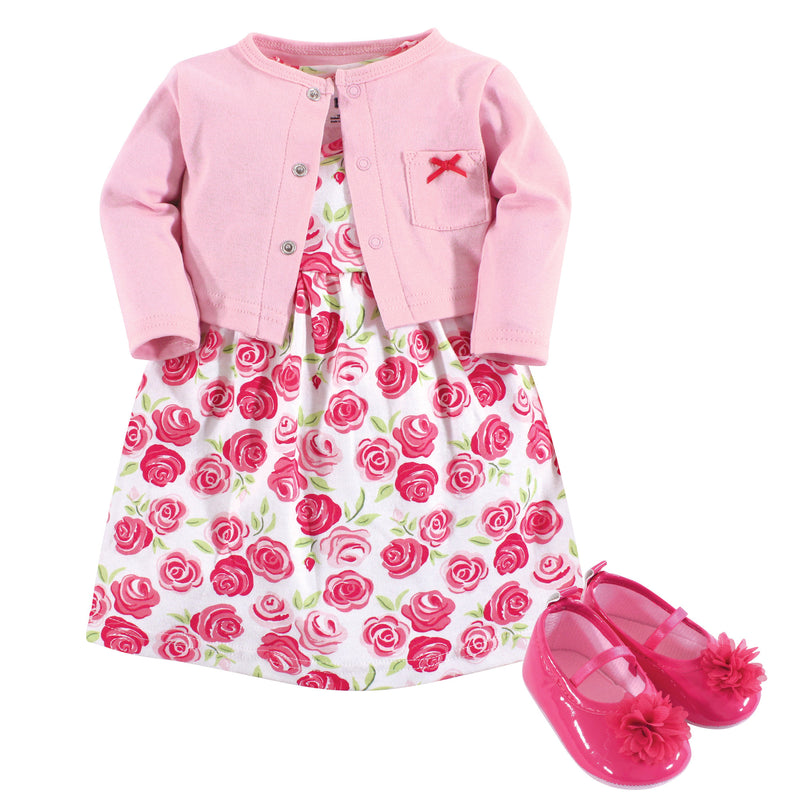 Hudson Baby Cotton Dress, Cardigan and Shoe Set, Pink Roses