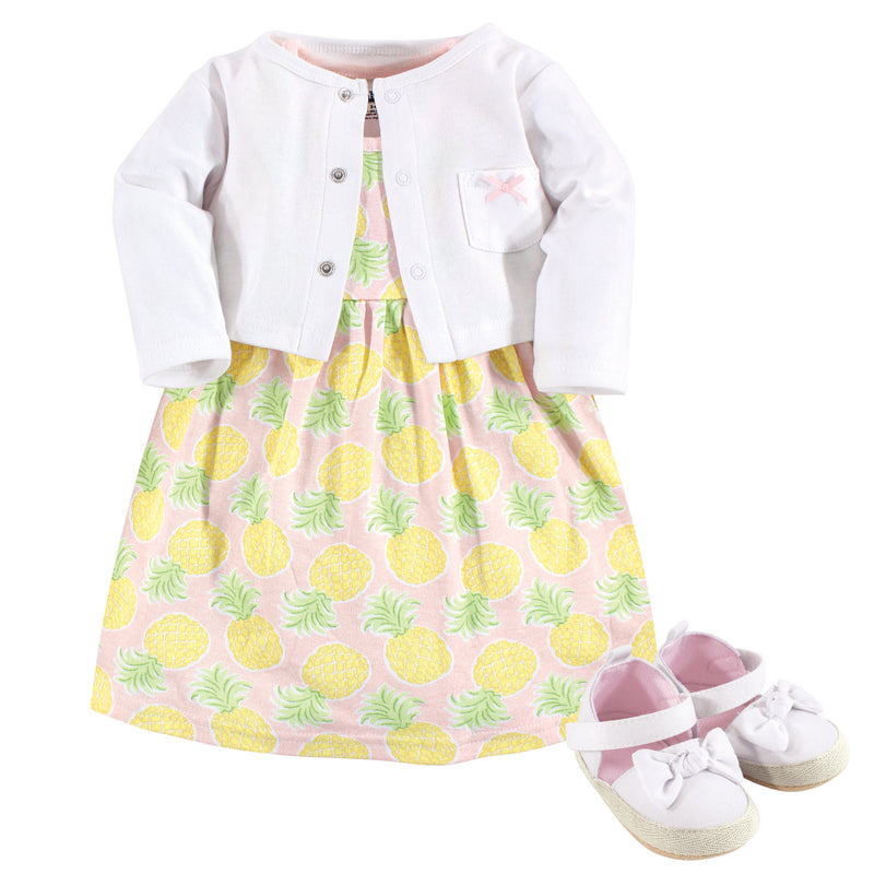 Hudson Baby Cotton Dress, Cardigan and Shoe Set, Pineapple