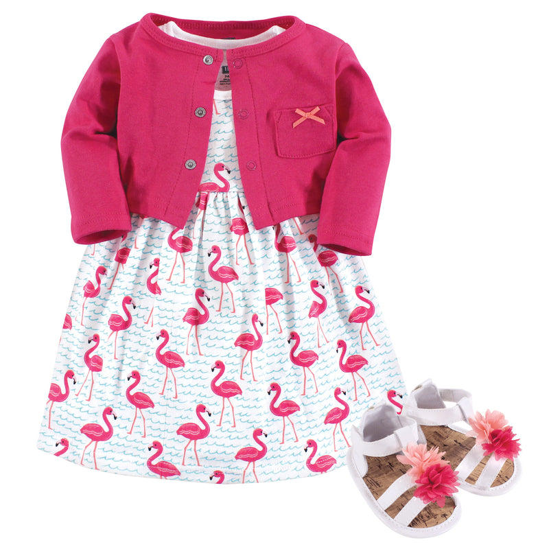Hudson Baby Cotton Dress, Cardigan and Shoe Set, Bright Flamingo