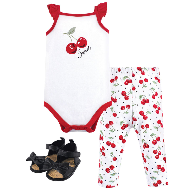 Hudson Baby Cotton Bodysuit, Pant and Shoe Set, Cherries