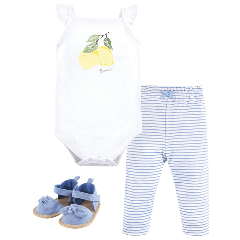 Hudson Baby Cotton Bodysuit, Pant and Shoe Set, Lemon