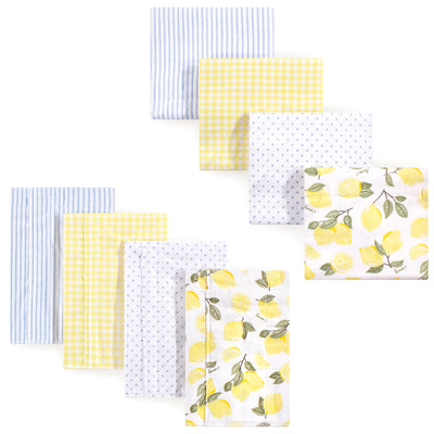 Hudson Baby Cotton Flannel Burp Cloths and Receiving Blankets, 8-Piece, Lemons
