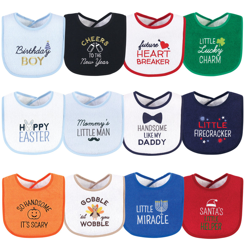 Hudson Baby Cotton Terry Drooler Bibs with Fiber Filling, Cute Boy Holiday Sayings