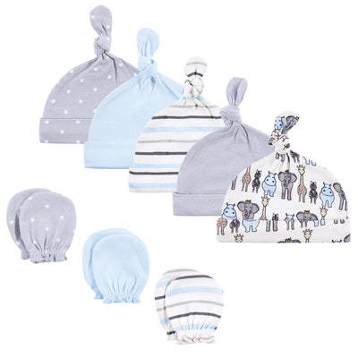 Hudson Baby Cotton Cap and Scratch Mitten Set, Royal Safari