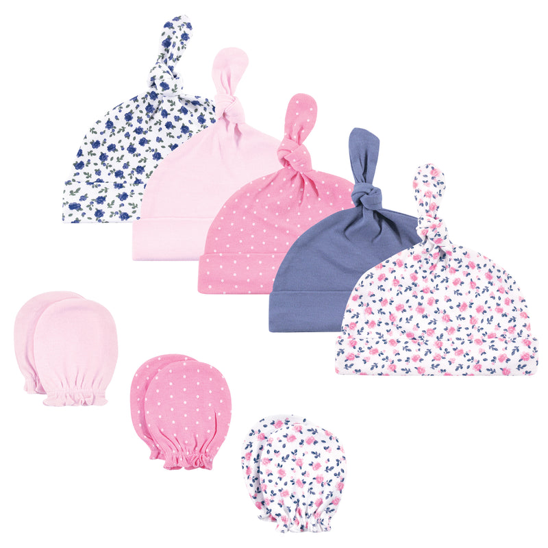 Hudson Baby Cotton Cap and Scratch Mitten Set, Blue Pink Floral