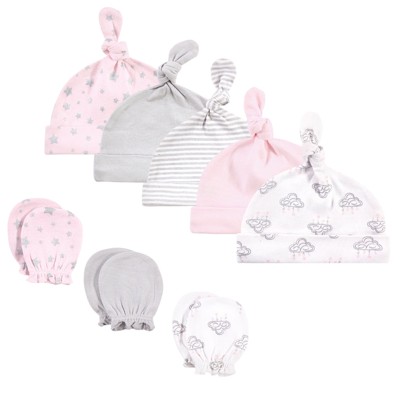 Hudson Baby Cotton Cap and Scratch Mitten Set, Cloud Mobile Pink