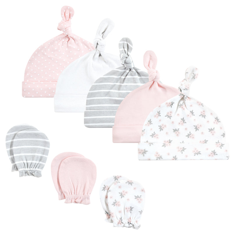 Hudson Baby Cotton Cap and Scratch Mitten Set, Pink Gray Floral