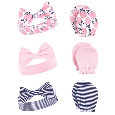 Hudson Baby Cotton Headband and Scratch Mitten Set, Navy Pink Floral