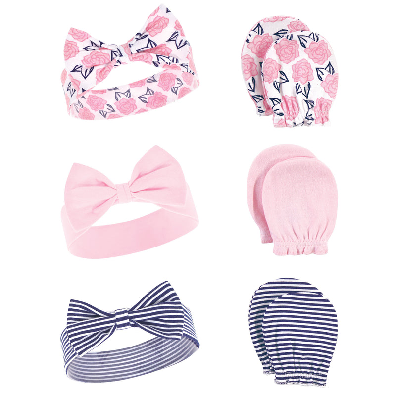 Hudson Baby Cotton Headband and Scratch Mitten Set, Navy Pink Floral