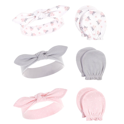 Hudson Baby Cotton Headband and Scratch Mitten Set, Pink Gray Floral