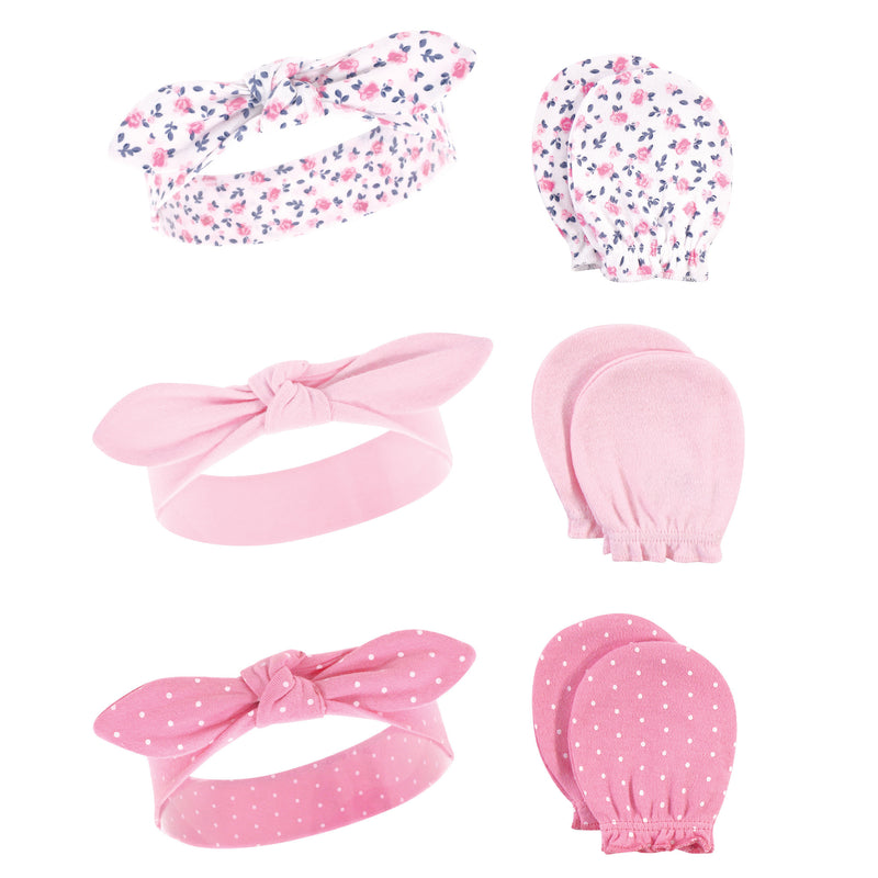 Hudson Baby Cotton Headband and Scratch Mitten Set, Blue Pink Floral