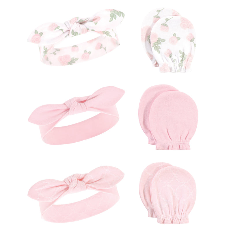 Hudson Baby Cotton Headband and Scratch Mitten Set, Roses