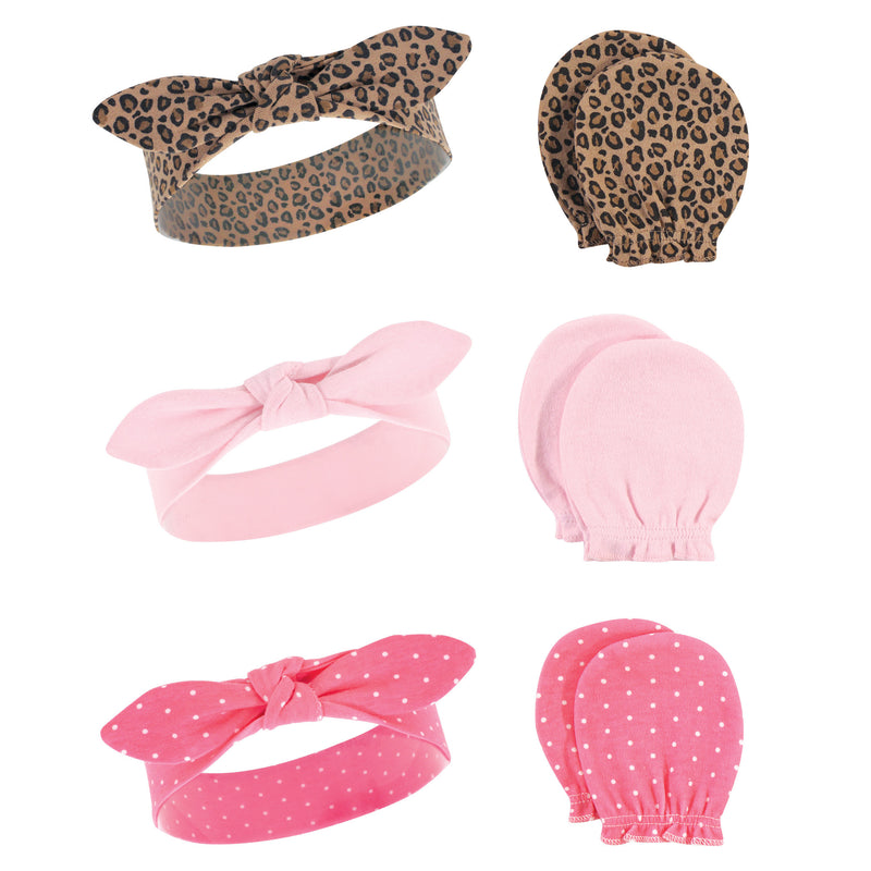 Hudson Baby Cotton Headband and Scratch Mitten Set, Leopard