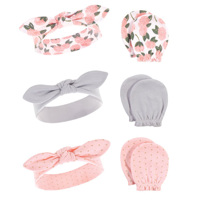 Hudson Baby Cotton Headband and Scratch Mitten Set, Pink Peony
