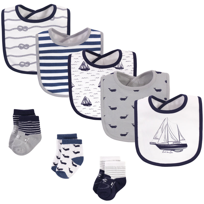 Hudson Baby Cotton Bib and Sock Set, Sail The Sea