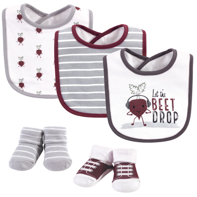Hudson Baby Cotton Bib and Sock Set, Drop The Beet