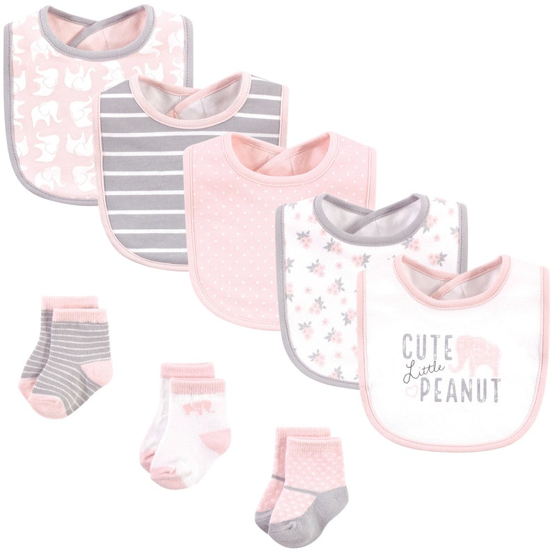Hudson Baby Cotton Bib and Sock Set, Pink Elephant