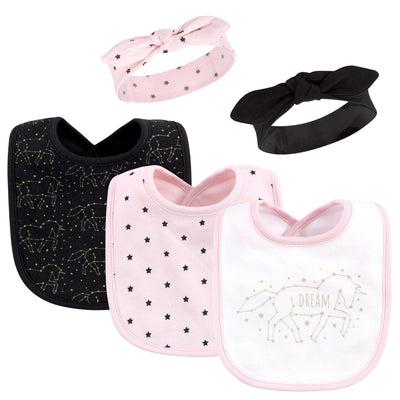 Hudson Baby Cotton Bib and Headband or Caps Set, Dream Unicorn