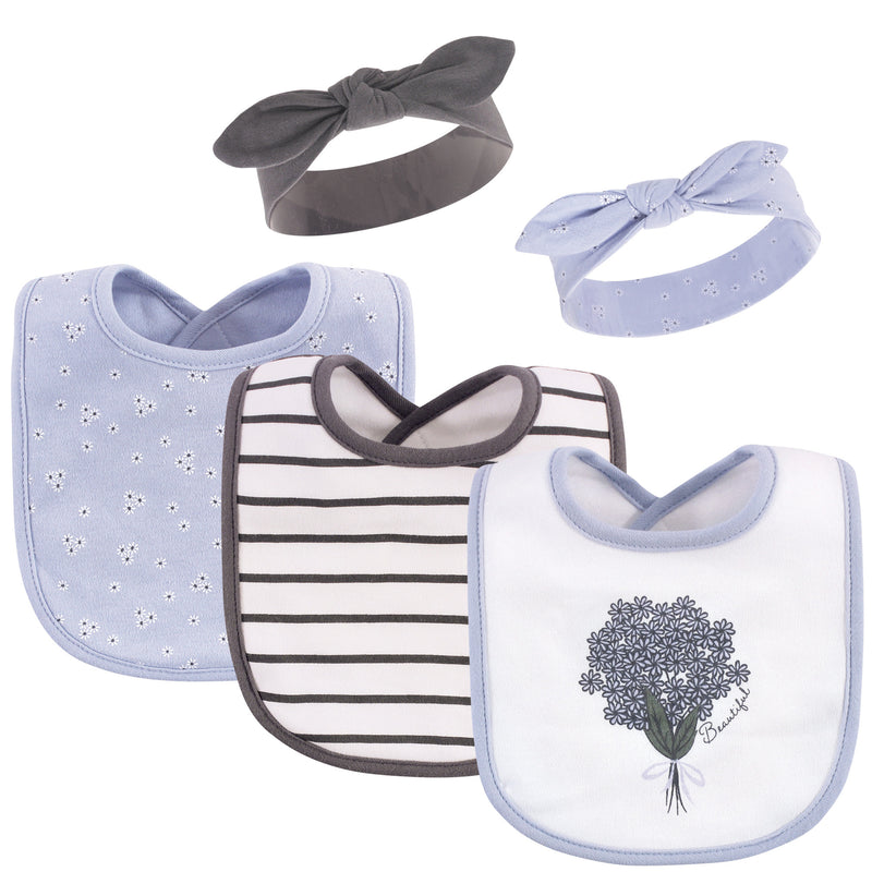Hudson Baby Cotton Bib and Headband or Caps Set, Periwinkle