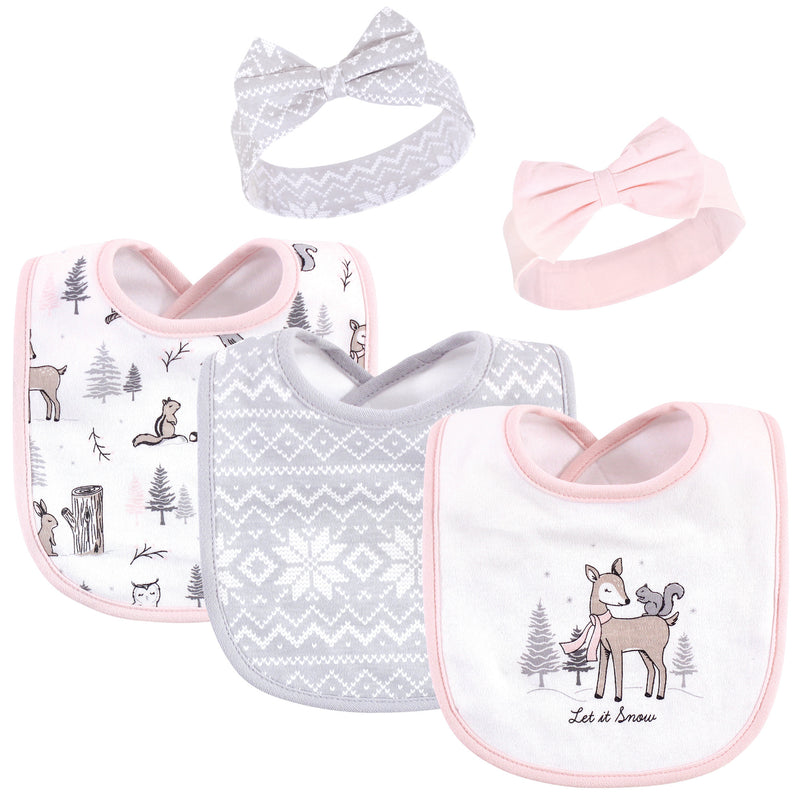 Hudson Baby Cotton Bib and Headband or Caps Set, Winter Forest
