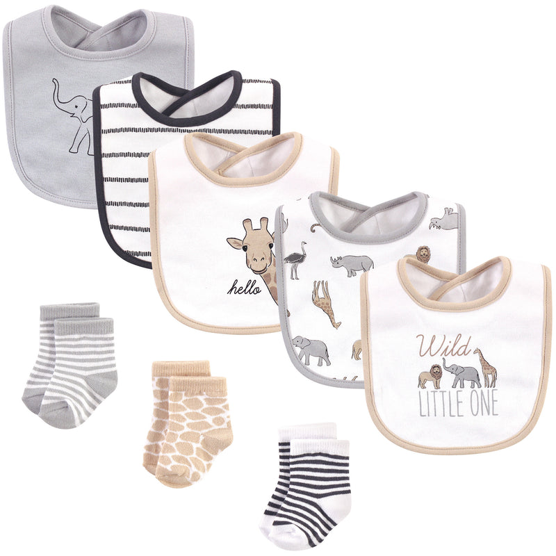 Hudson Baby Cotton Bib and Sock Set, Modern Safari Animals