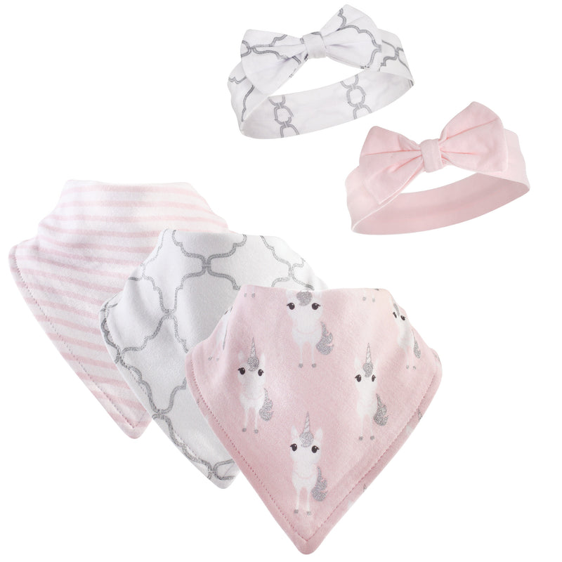 Hudson Baby Cotton Bib and Headband or Caps Set, Pink Unicorn