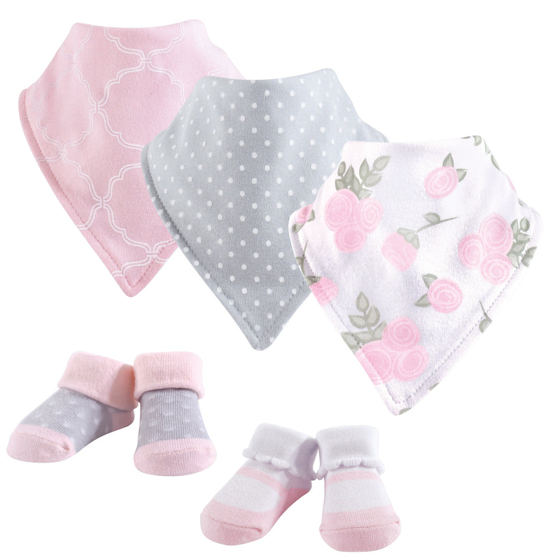 Hudson Baby Cotton Bib and Sock Set, Pink Rose