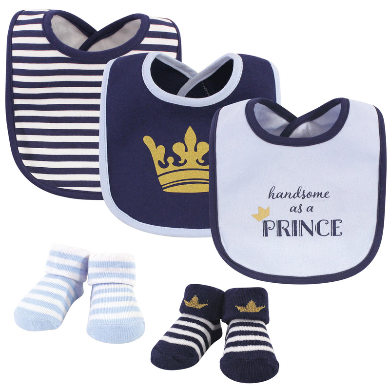 Hudson Baby Cotton Bib and Sock Set, Handsome As A Prince
