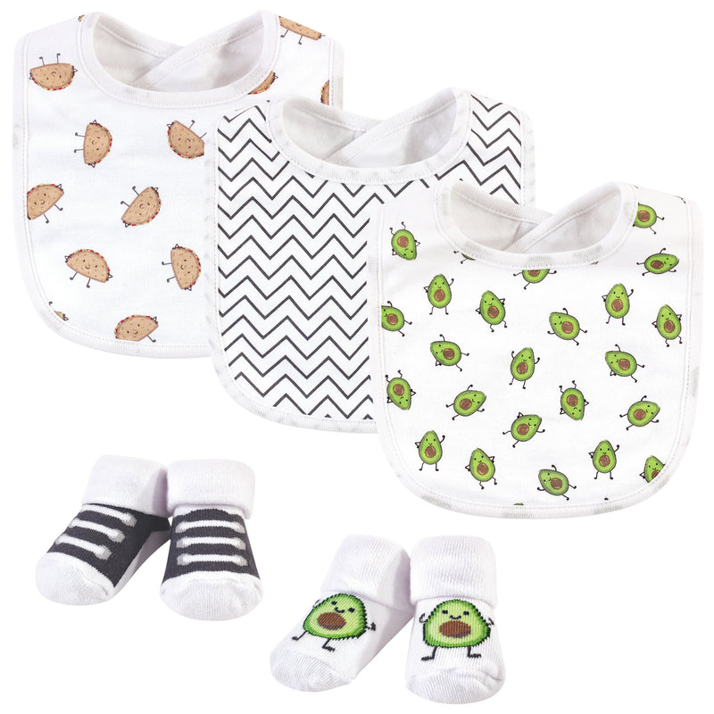 Hudson Baby Cotton Bib and Sock Set, Avocado Taco