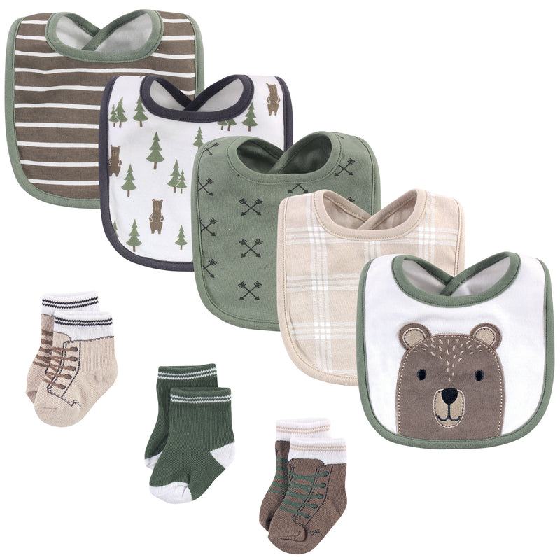Hudson Baby Cotton Bib and Sock Set, Forest Bear