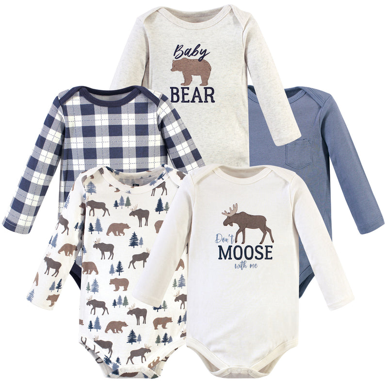 Hudson Baby Cotton Long-Sleeve Bodysuits, Moose Bear 5-Pack