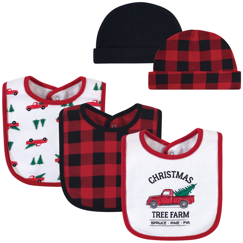 Hudson Baby Cotton Bib and Headband or Caps Set, Christmas Tree Farm