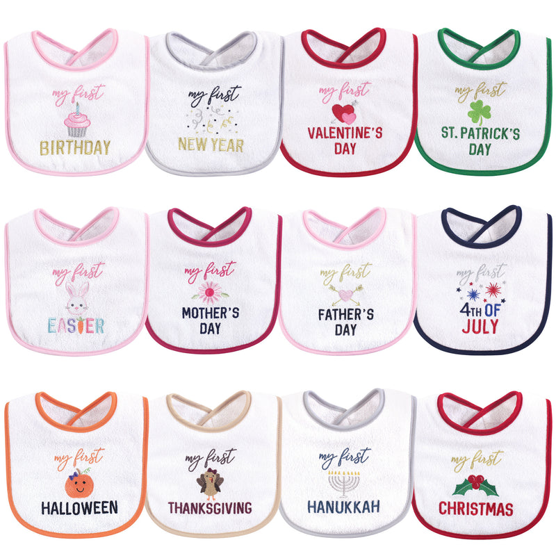Hudson Baby Cotton Terry Drooler Bibs with Fiber Filling, Girl Holiday